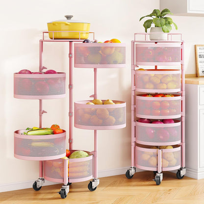 5-Tier Fruit and Vegetable Basket Bowls for Kitchen, Rotating, Black | Metal Top Lid, Rolling Storage Rack Cart for Potato, Onion &Fruit, Large Wire Basket Organizer for Kitchen Counter, Pantry