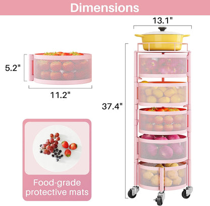 5-Tier Fruit and Vegetable Basket Bowls for Kitchen, Rotating, Black | Metal Top Lid, Rolling Storage Rack Cart for Potato, Onion &Fruit, Large Wire Basket Organizer for Kitchen Counter, Pantry