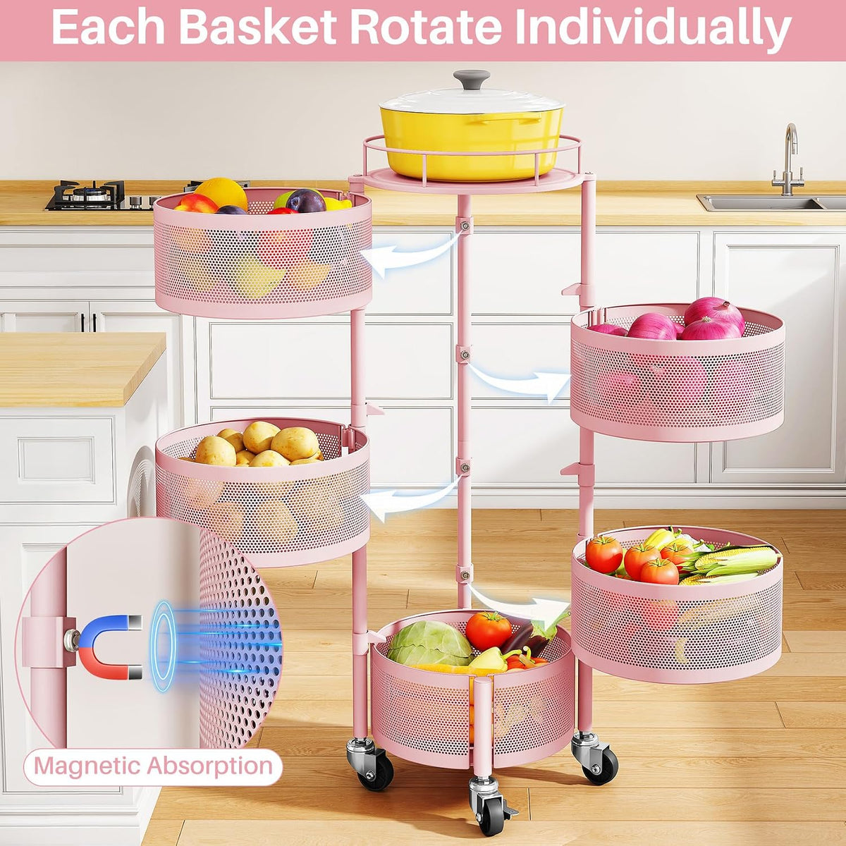 5-Tier Fruit and Vegetable Basket Bowls for Kitchen, Rotating, Black | Metal Top Lid, Rolling Storage Rack Cart for Potato, Onion &Fruit, Large Wire Basket Organizer for Kitchen Counter, Pantry