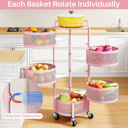 5-Tier Fruit and Vegetable Basket Bowls for Kitchen, Rotating, Black | Metal Top Lid, Rolling Storage Rack Cart for Potato, Onion &Fruit, Large Wire Basket Organizer for Kitchen Counter, Pantry