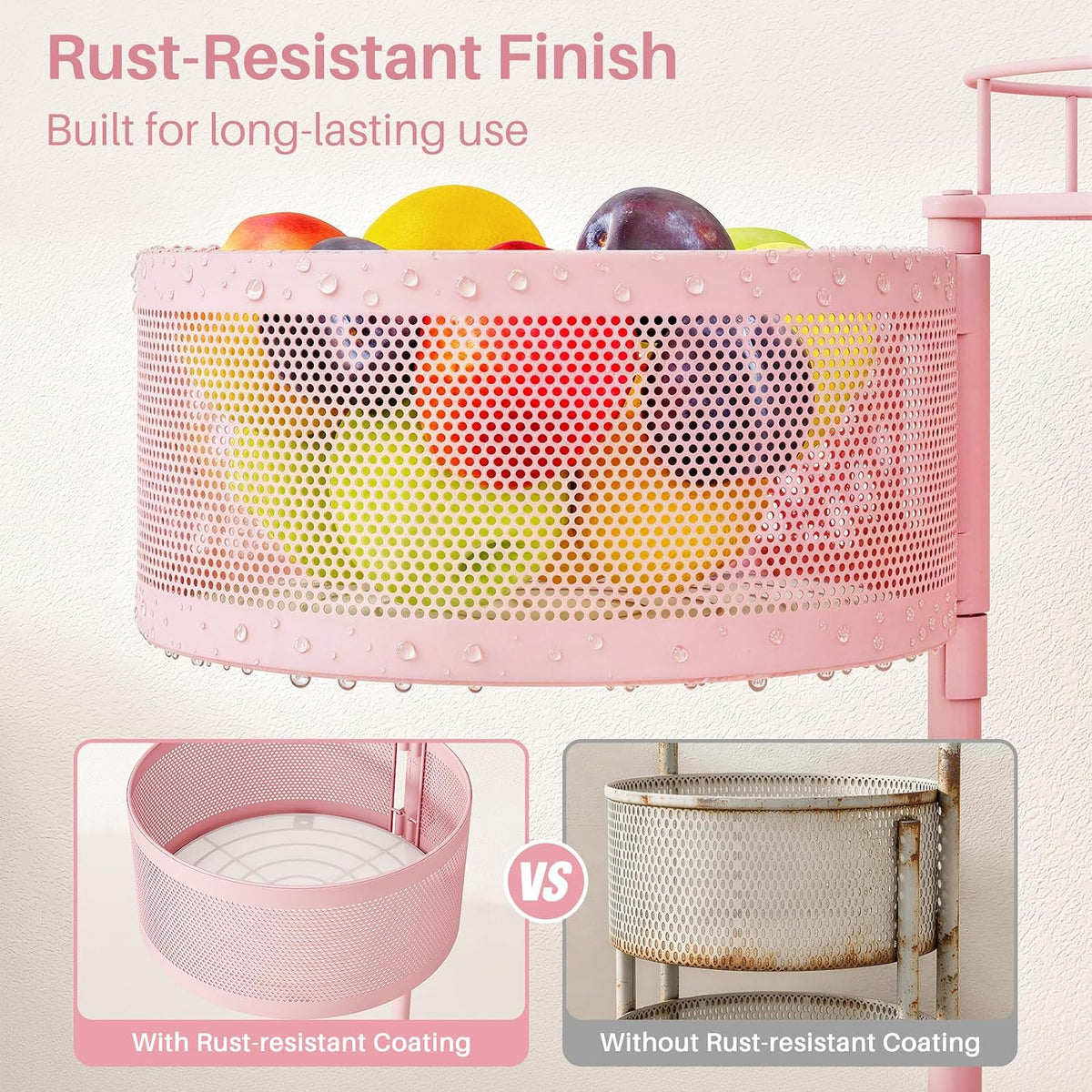 5-Tier Fruit and Vegetable Basket Bowls for Kitchen, Rotating, Black | Metal Top Lid, Rolling Storage Rack Cart for Potato, Onion &Fruit, Large Wire Basket Organizer for Kitchen Counter, Pantry
