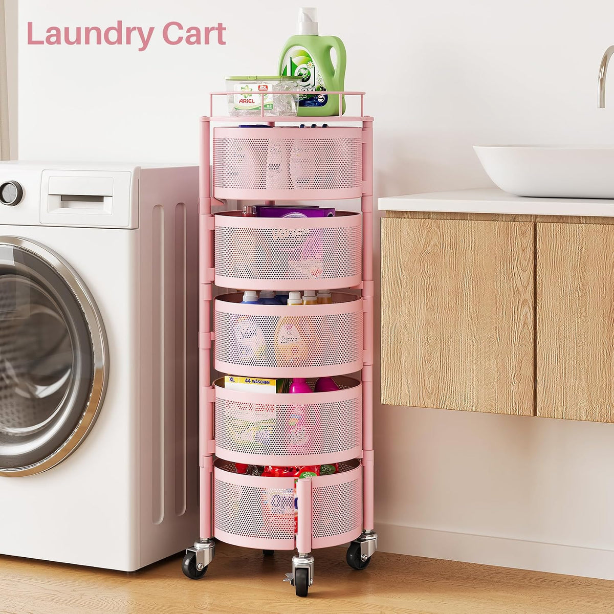 5-Tier Fruit and Vegetable Basket Bowls for Kitchen, Rotating, Black | Metal Top Lid, Rolling Storage Rack Cart for Potato, Onion &Fruit, Large Wire Basket Organizer for Kitchen Counter, Pantry