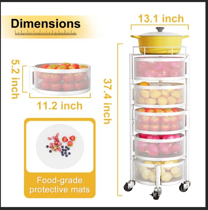 5-Tier Fruit and Vegetable Basket Bowls for Kitchen, Rotating, Black | Metal Top Lid, Rolling Storage Rack Cart for Potato, Onion &Fruit, Large Wire Basket Organizer for Kitchen Counter, Pantry