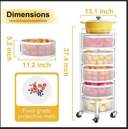 5-Tier Fruit and Vegetable Basket Bowls for Kitchen, Rotating, Black | Metal Top Lid, Rolling Storage Rack Cart for Potato, Onion &Fruit, Large Wire Basket Organizer for Kitchen Counter, Pantry