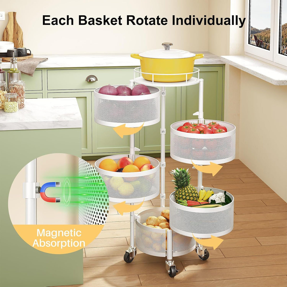 5-Tier Fruit and Vegetable Basket Bowls for Kitchen, Rotating, Black | Metal Top Lid, Rolling Storage Rack Cart for Potato, Onion &Fruit, Large Wire Basket Organizer for Kitchen Counter, Pantry