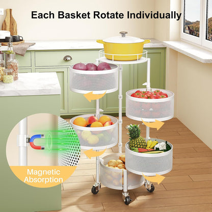 5-Tier Fruit and Vegetable Basket Bowls for Kitchen, Rotating, Black | Metal Top Lid, Rolling Storage Rack Cart for Potato, Onion &Fruit, Large Wire Basket Organizer for Kitchen Counter, Pantry
