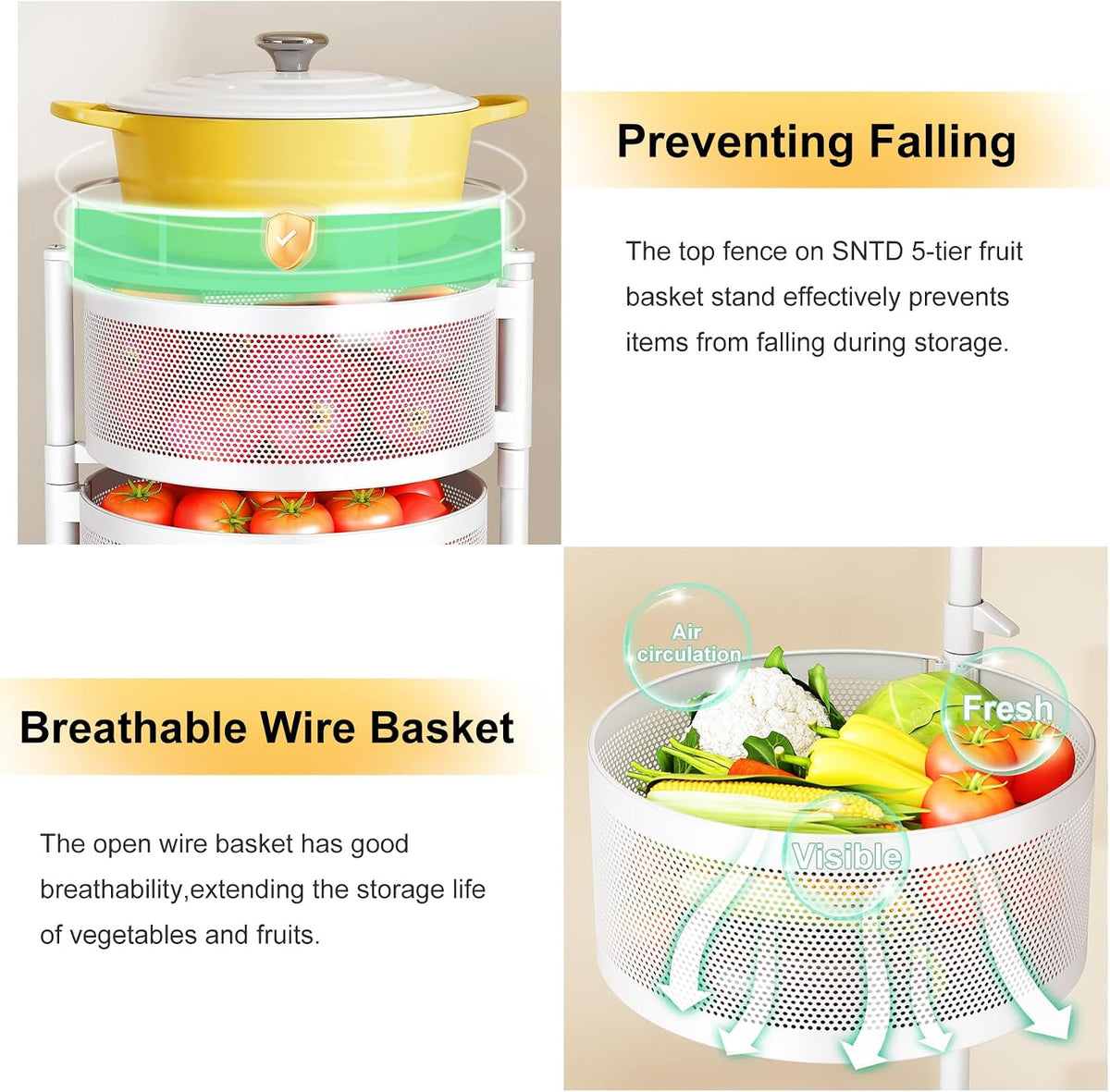 5-Tier Fruit and Vegetable Basket Bowls for Kitchen, Rotating, Black | Metal Top Lid, Rolling Storage Rack Cart for Potato, Onion &Fruit, Large Wire Basket Organizer for Kitchen Counter, Pantry