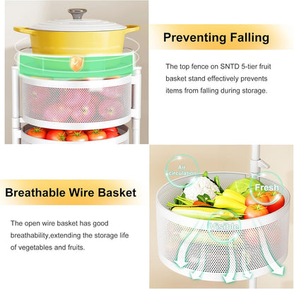 5-Tier Fruit and Vegetable Basket Bowls for Kitchen, Rotating, Black | Metal Top Lid, Rolling Storage Rack Cart for Potato, Onion &Fruit, Large Wire Basket Organizer for Kitchen Counter, Pantry