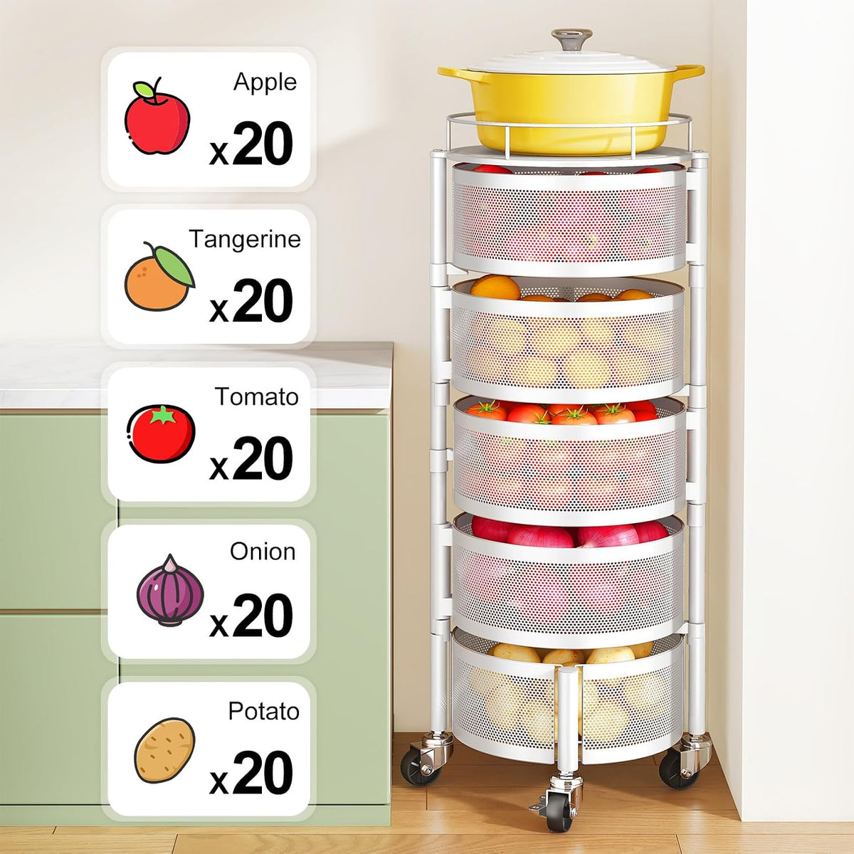 5-Tier Fruit and Vegetable Basket Bowls for Kitchen, Rotating, Black | Metal Top Lid, Rolling Storage Rack Cart for Potato, Onion &Fruit, Large Wire Basket Organizer for Kitchen Counter, Pantry