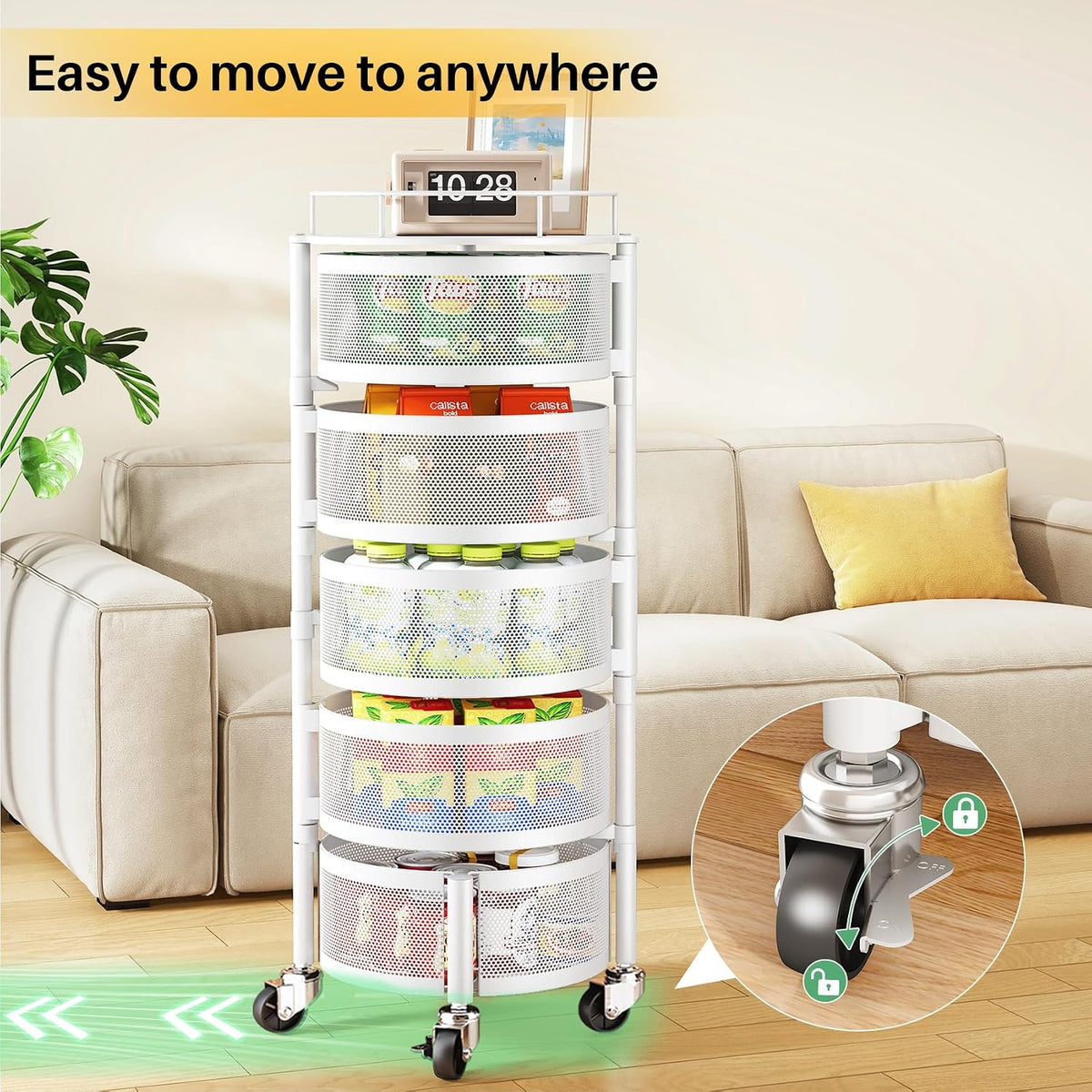 5-Tier Fruit and Vegetable Basket Bowls for Kitchen, Rotating, Black | Metal Top Lid, Rolling Storage Rack Cart for Potato, Onion &Fruit, Large Wire Basket Organizer for Kitchen Counter, Pantry