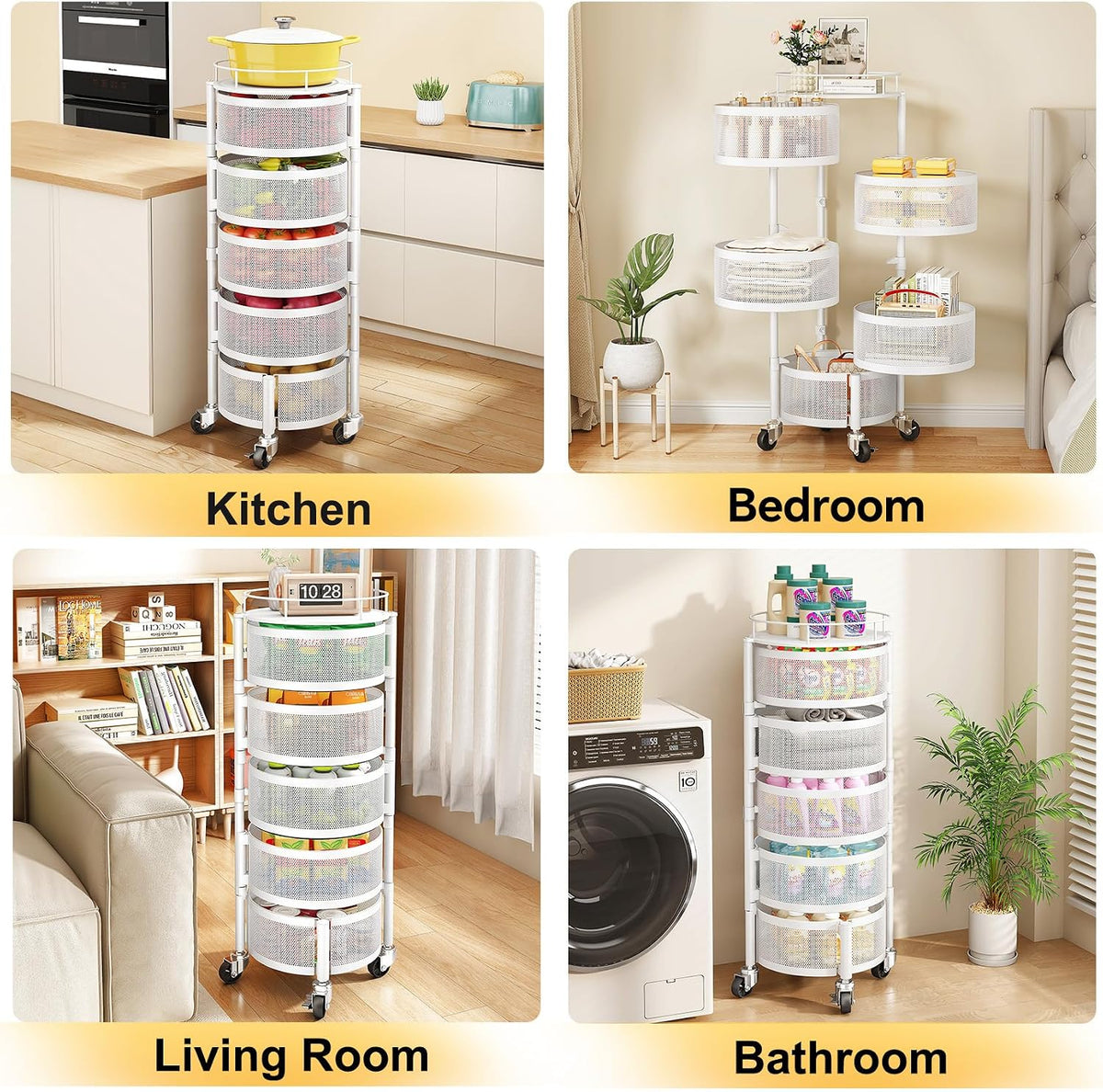 5-Tier Fruit and Vegetable Basket Bowls for Kitchen, Rotating, Black | Metal Top Lid, Rolling Storage Rack Cart for Potato, Onion &Fruit, Large Wire Basket Organizer for Kitchen Counter, Pantry