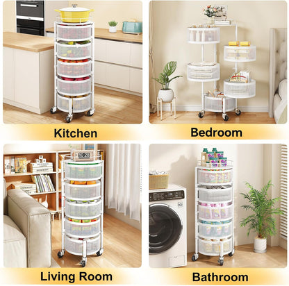 5-Tier Fruit and Vegetable Basket Bowls for Kitchen, Rotating, Black | Metal Top Lid, Rolling Storage Rack Cart for Potato, Onion &Fruit, Large Wire Basket Organizer for Kitchen Counter, Pantry