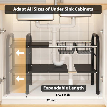Expandable Under Sink Organizer, 2 Tier Under Sink Shelf | With 2 Removable Baskets and 6 Removable Panels, For Cabinet Sink Cloakroom Wardrobe Closet Storage, Black, 17.71”-32”Length