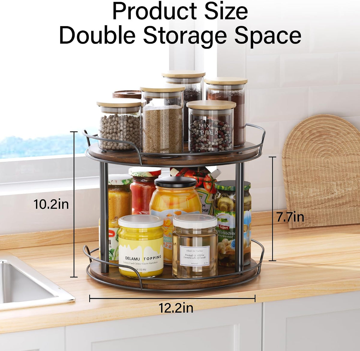 2-Tier Lazy Susan Spice Rack, 10'' Rotating Turntable for Cabinet