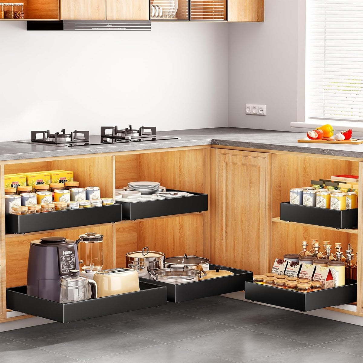 Pull out Cabinet Organizer, 21"Deep, Heavy Duty Full-Extension Slide out Drawers for Kitchen Cabinets with Nano Adhesive, Roll Out Shelf Sliding Cabinet for Pots, Bathroom, Pantry, Under Sink, White