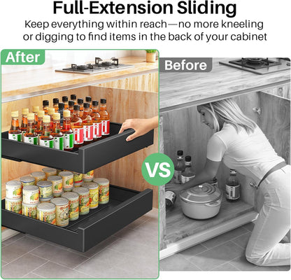 Pull out Cabinet Organizer, 21"Deep, Heavy Duty Full-Extension Slide out Drawers for Kitchen Cabinets with Nano Adhesive, Roll Out Shelf Sliding Cabinet for Pots, Bathroom, Pantry, Under Sink, White