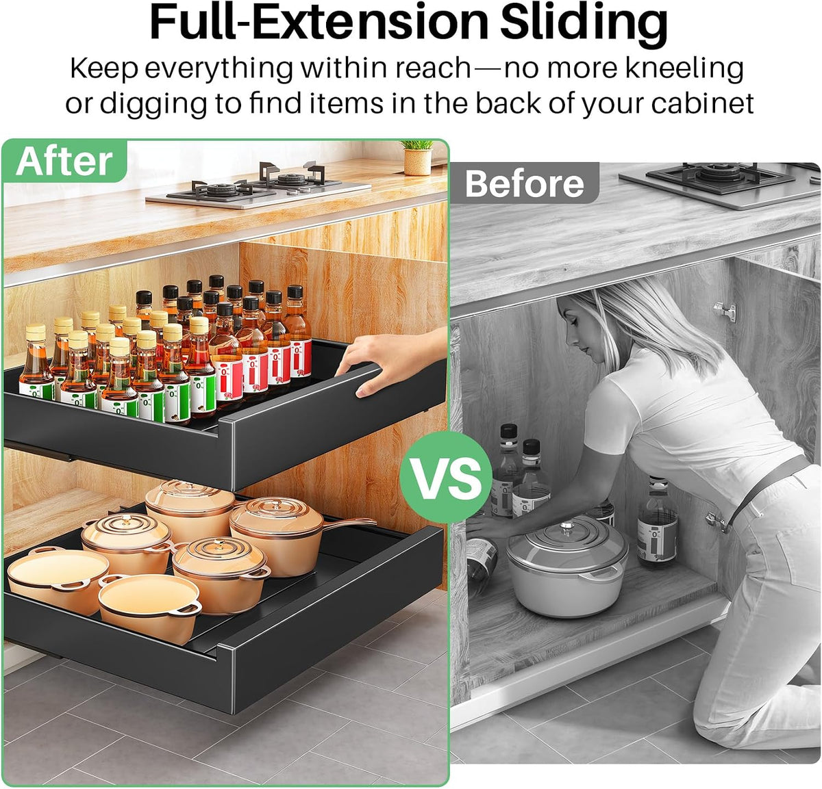 Pull out Cabinet Organizer, 21"Deep, Heavy Duty Full-Extension Slide out Drawers for Kitchen Cabinets with Nano Adhesive, Roll Out Shelf Sliding Cabinet for Pots, Bathroom, Pantry, Under Sink, White