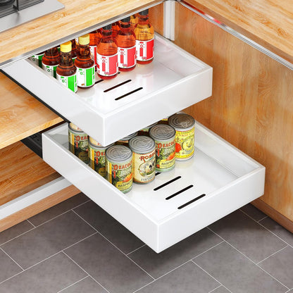 Pull out Cabinet Organizer, 21"Deep, Heavy Duty Full-Extension Slide out Drawers for Kitchen Cabinets with Nano Adhesive, Roll Out Shelf Sliding Cabinet for Pots, Bathroom, Pantry, Under Sink, White