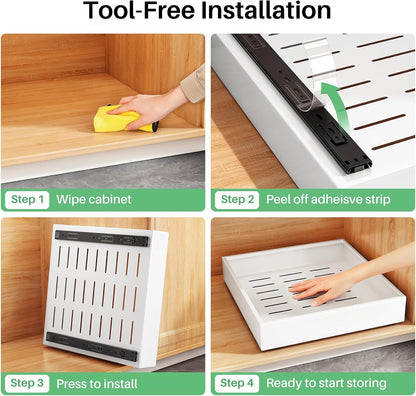 Pull out Cabinet Organizer, 21"Deep, Heavy Duty Full-Extension Slide out Drawers for Kitchen Cabinets with Nano Adhesive, Roll Out Shelf Sliding Cabinet for Pots, Bathroom, Pantry, Under Sink, White