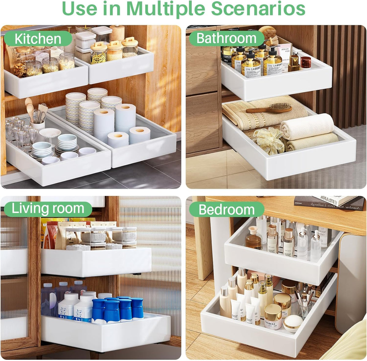 Pull out Cabinet Organizer, 21"Deep, Heavy Duty Full-Extension Slide out Drawers for Kitchen Cabinets with Nano Adhesive, Roll Out Shelf Sliding Cabinet for Pots, Bathroom, Pantry, Under Sink, White