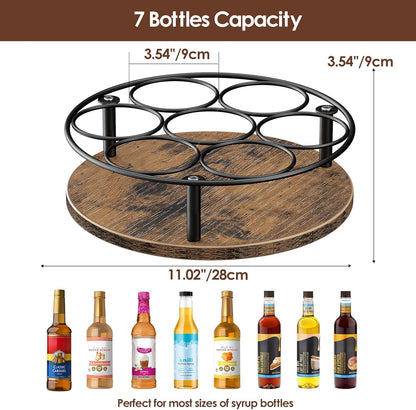 9 Bottles Rotating Coffee Syrup Rack, Brown+Black | Carbon Steel Frame, Wooden Base Bottle Holder, for Coffee Flavored Syrups Table Top Thermos Liquor