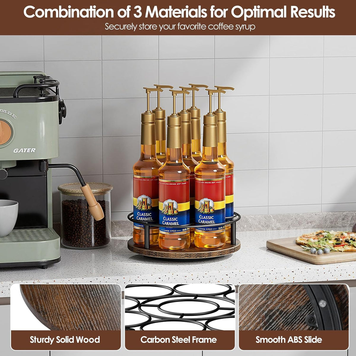 9 Bottles Rotating Coffee Syrup Rack, Brown+Black | Carbon Steel Frame, Wooden Base Bottle Holder, for Coffee Flavored Syrups Table Top Thermos Liquor