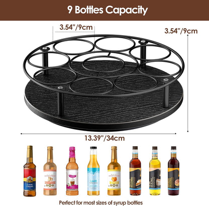9 Bottles Rotating Coffee Syrup Rack, Brown+Black | Carbon Steel Frame, Wooden Base Bottle Holder, for Coffee Flavored Syrups Table Top Thermos Liquor