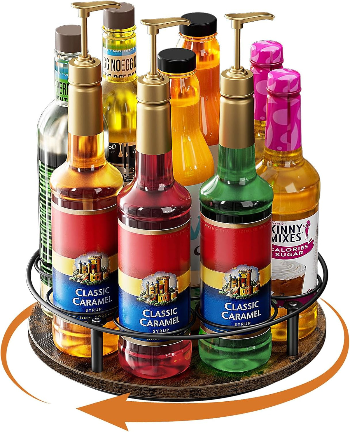 9 Bottles Rotating Coffee Syrup Rack, Brown+Black | Carbon Steel Frame, Wooden Base Bottle Holder, for Coffee Flavored Syrups Table Top Thermos Liquor