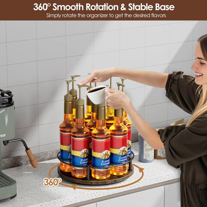 9 Bottles Rotating Coffee Syrup Rack, Brown+Black | Carbon Steel Frame, Wooden Base Bottle Holder, for Coffee Flavored Syrups Table Top Thermos Liquor