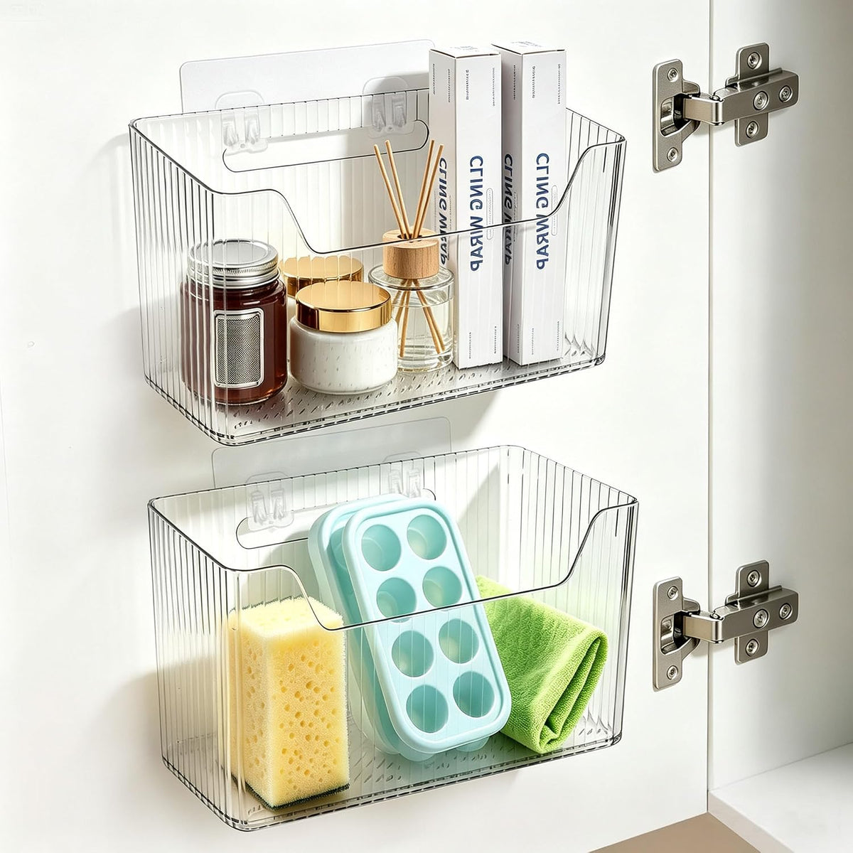2 Pack Adhesive Cabinet Door Organizer Storage Caddy, Clear Lid Organizer Inside Cabinet Wall Mounted Pantry Door Caddy for Food Container Lid Kitchen Under Sink Basket (Clear)