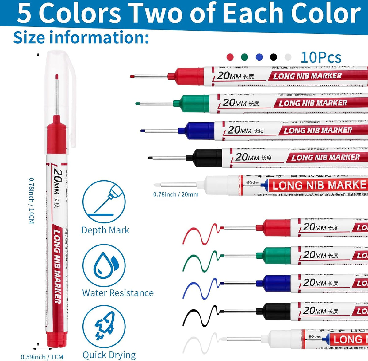 Long Head Deep Hole Marker Pens,20mm Long Nib Marker, Longs Nose Markers, Waterproof Construction Markers Marking Tool,Permanent Markers Carpenter Ink marker Pens,Metal marking Pens