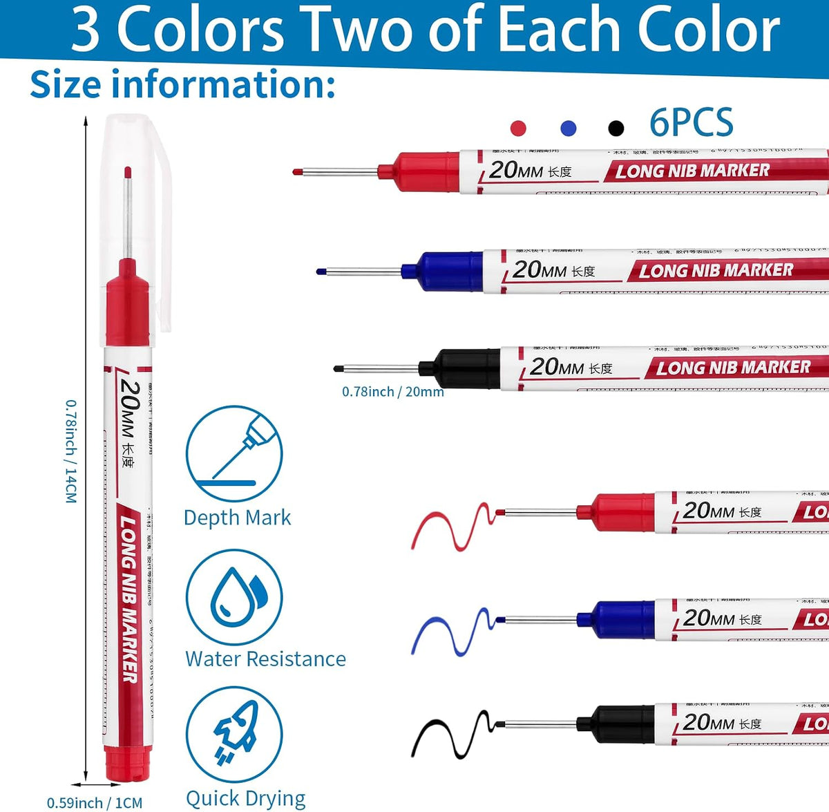 Long Head Deep Hole Marker Pens,20mm Long Nib Marker, Longs Nose Markers, Waterproof Construction Markers Marking Tool,Permanent Markers Carpenter Ink marker Pens,Metal marking Pens