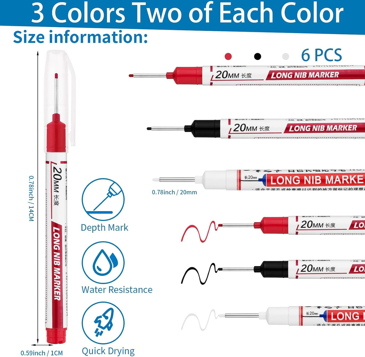 Long Head Deep Hole Marker Pens,20mm Long Nib Marker, Longs Nose Markers, Waterproof Construction Markers Marking Tool,Permanent Markers Carpenter Ink marker Pens,Metal marking Pens