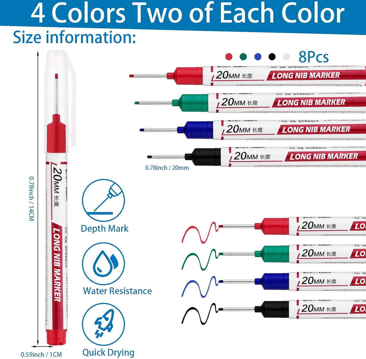 Long Head Deep Hole Marker Pens,20mm Long Nib Marker, Longs Nose Markers, Waterproof Construction Markers Marking Tool,Permanent Markers Carpenter Ink marker Pens,Metal marking Pens