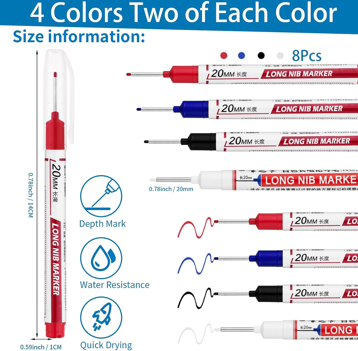 Long Head Deep Hole Marker Pens,20mm Long Nib Marker, Longs Nose Markers, Waterproof Construction Markers Marking Tool,Permanent Markers Carpenter Ink marker Pens,Metal marking Pens