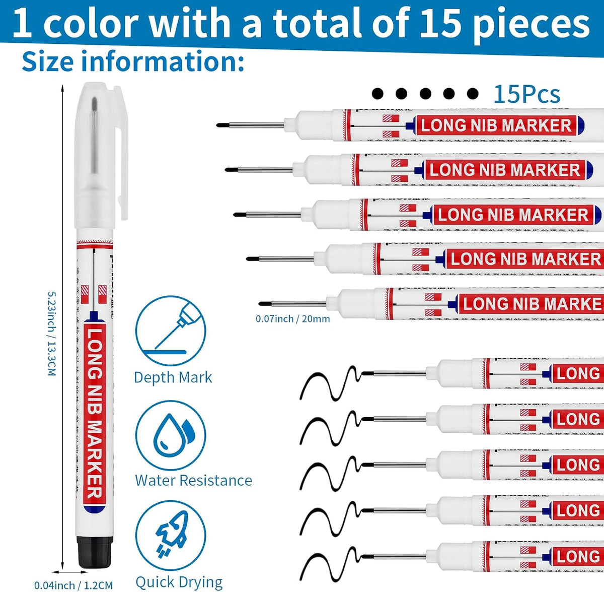Long Head Deep Hole Marker Pens,20mm Long Nib Marker, Longs Nose Markers, Waterproof Construction Markers Marking Tool,Permanent Markers Carpenter Ink marker Pens,Metal marking Pens