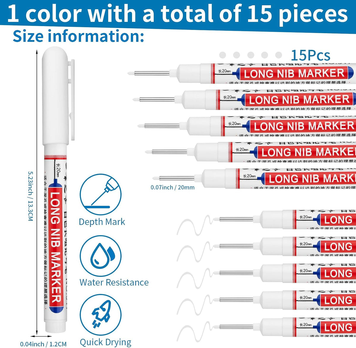 Long Head Deep Hole Marker Pens,20mm Long Nib Marker, Longs Nose Markers, Waterproof Construction Markers Marking Tool,Permanent Markers Carpenter Ink marker Pens,Metal marking Pens