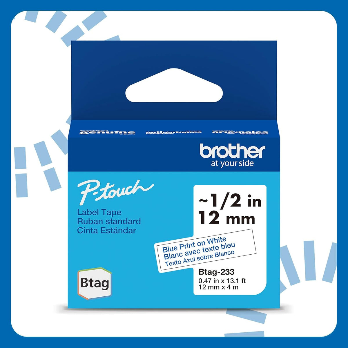 Genuine P-Touch Btag BTAG233 Blue on White Label Tape ~1/2in by 13.1ft (12mm x 4m). (Works Only with PT-N10, PT-N20, PT-N25BT Label Makers)
