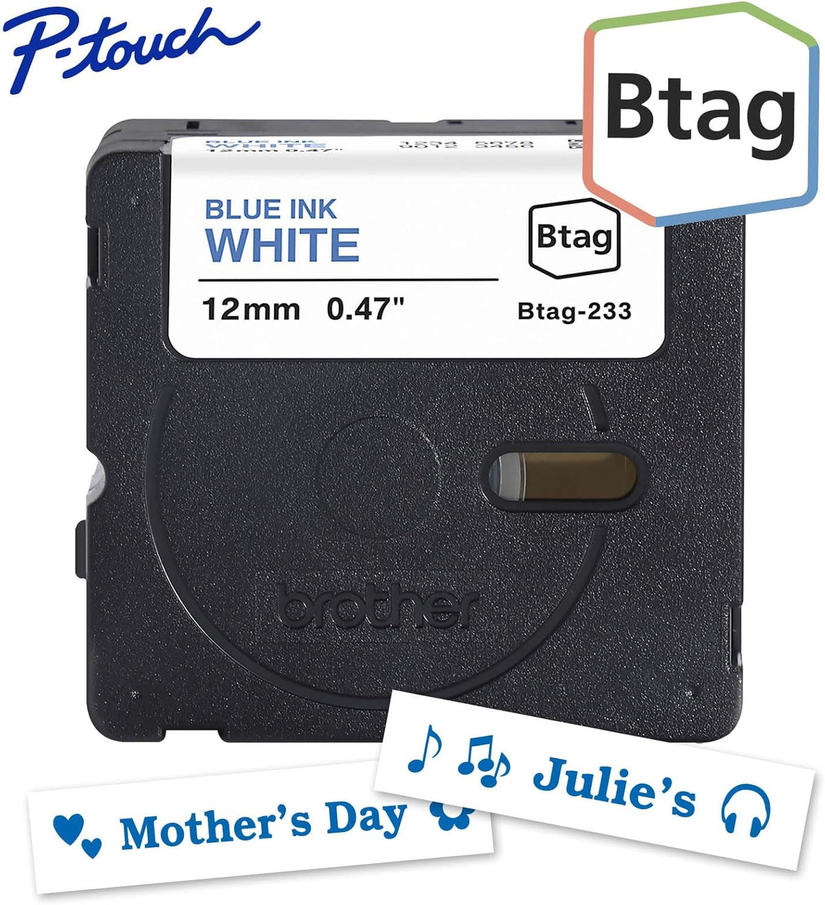 Genuine P-Touch Btag BTAG233 Blue on White Label Tape ~1/2in by 13.1ft (12mm x 4m). (Works Only with PT-N10, PT-N20, PT-N25BT Label Makers)