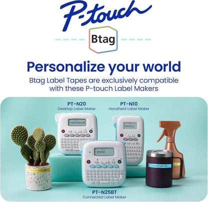 Genuine P-Touch Btag BTAG233 Blue on White Label Tape ~1/2in by 13.1ft (12mm x 4m). (Works Only with PT-N10, PT-N20, PT-N25BT Label Makers)
