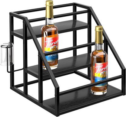 Coffee Syrup Rack Organizer, Spice Racks, Syrup Bottle Holder Stand for Coffee Bar, 3-Tier 12 Bottles Storage Shelves for Syrup, Wine, Dressing for Kitchen Countertop, Rustic Brown & Black