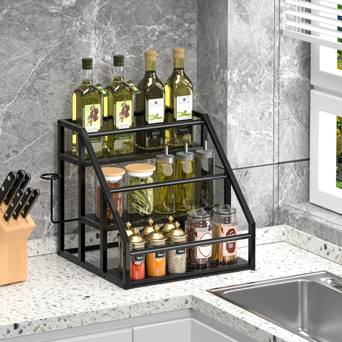 Coffee Syrup Rack Organizer, Spice Racks, Syrup Bottle Holder Stand for Coffee Bar, 3-Tier 12 Bottles Storage Shelves for Syrup, Wine, Dressing for Kitchen Countertop, Rustic Brown & Black