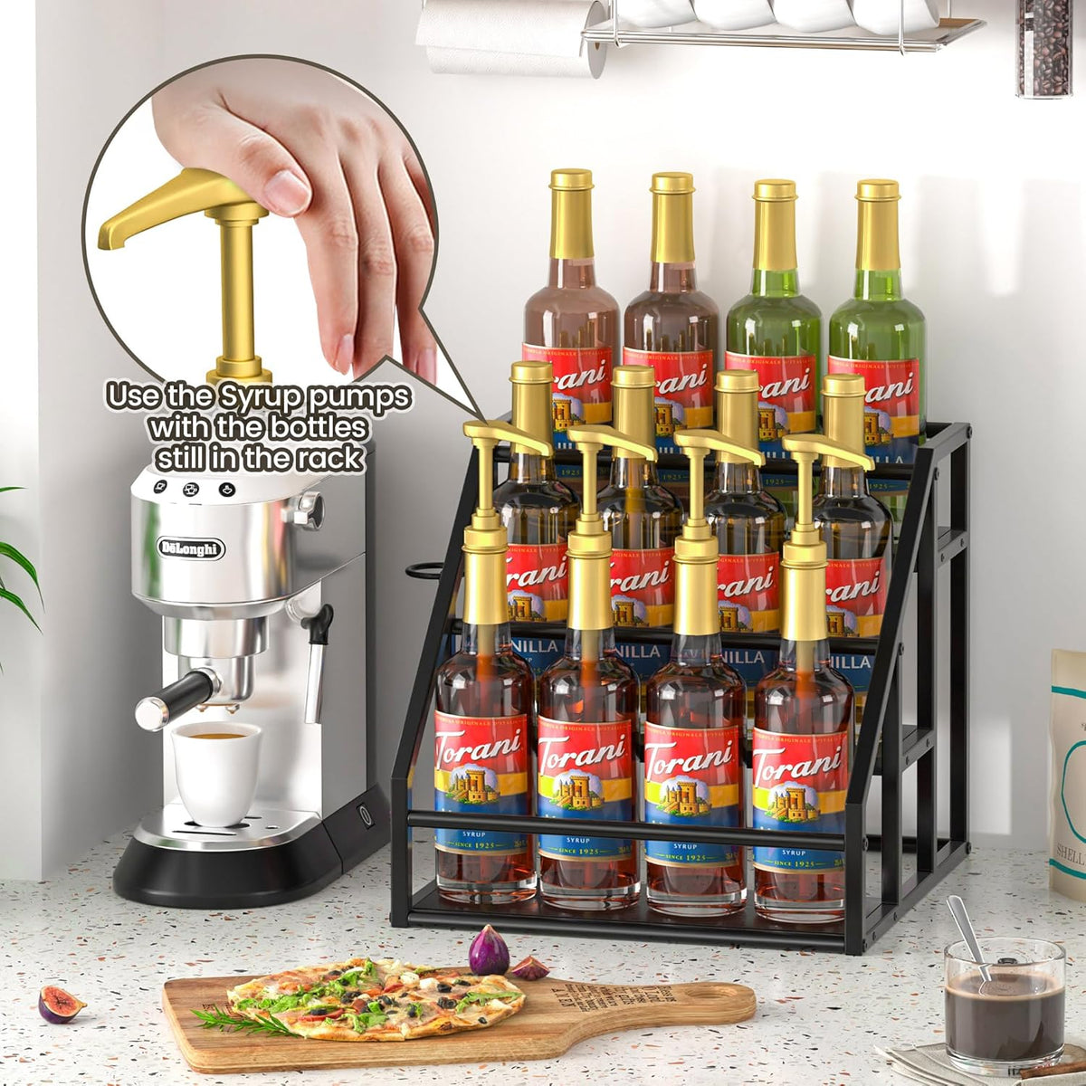 Coffee Syrup Rack Organizer, Spice Racks, Syrup Bottle Holder Stand for Coffee Bar, 3-Tier 12 Bottles Storage Shelves for Syrup, Wine, Dressing for Kitchen Countertop, Rustic Brown & Black