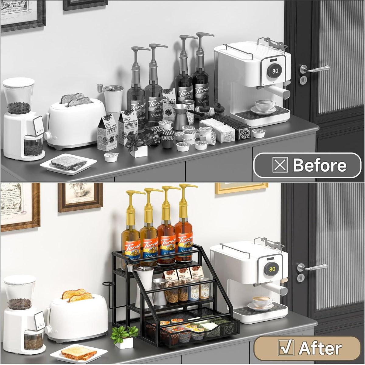 Coffee Syrup Rack Organizer, Spice Racks, Syrup Bottle Holder Stand for Coffee Bar, 3-Tier 12 Bottles Storage Shelves for Syrup, Wine, Dressing for Kitchen Countertop, Rustic Brown & Black