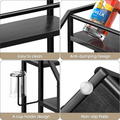 Coffee Syrup Rack Organizer, Spice Racks, Syrup Bottle Holder Stand for Coffee Bar, 3-Tier 12 Bottles Storage Shelves for Syrup, Wine, Dressing for Kitchen Countertop, Rustic Brown & Black