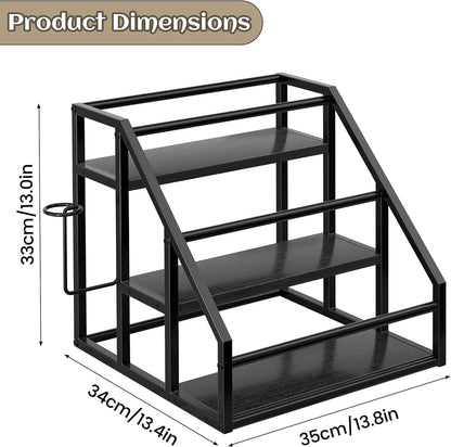 Coffee Syrup Rack Organizer, Spice Racks, Syrup Bottle Holder Stand for Coffee Bar, 3-Tier 12 Bottles Storage Shelves for Syrup, Wine, Dressing for Kitchen Countertop, Rustic Brown & Black