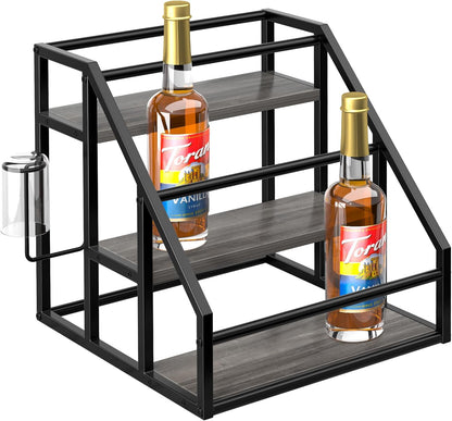 Coffee Syrup Rack Organizer, Spice Racks, Syrup Bottle Holder Stand for Coffee Bar, 3-Tier 12 Bottles Storage Shelves for Syrup, Wine, Dressing for Kitchen Countertop, Rustic Brown & Black