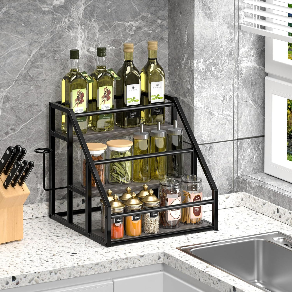 Coffee Syrup Rack Organizer, Spice Racks, Syrup Bottle Holder Stand for Coffee Bar, 3-Tier 12 Bottles Storage Shelves for Syrup, Wine, Dressing for Kitchen Countertop, Rustic Brown & Black