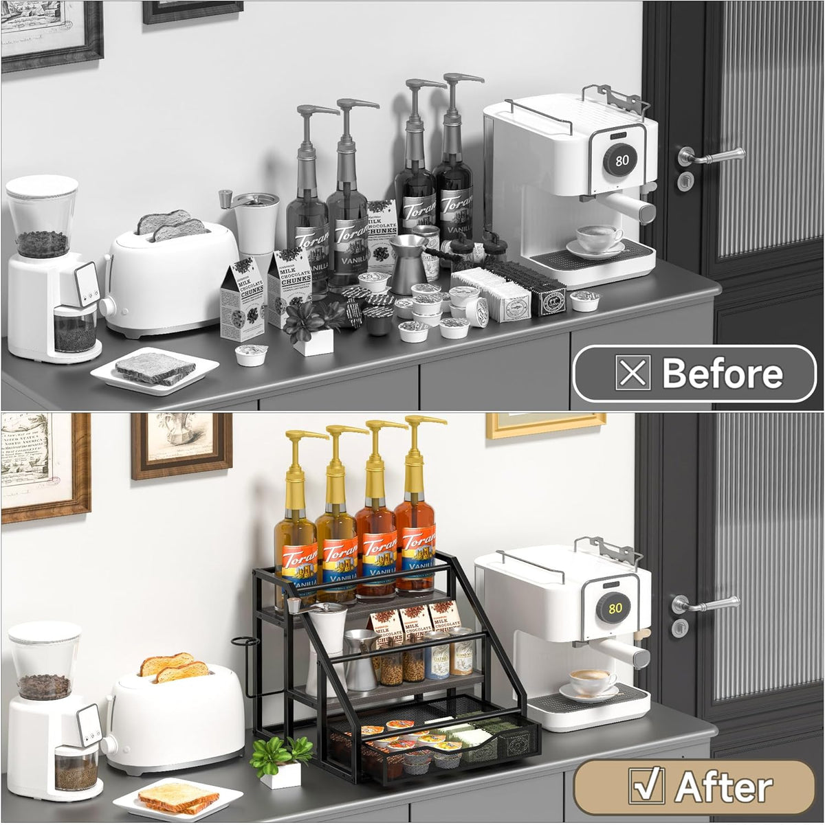 Coffee Syrup Rack Organizer, Spice Racks, Syrup Bottle Holder Stand for Coffee Bar, 3-Tier 12 Bottles Storage Shelves for Syrup, Wine, Dressing for Kitchen Countertop, Rustic Brown & Black