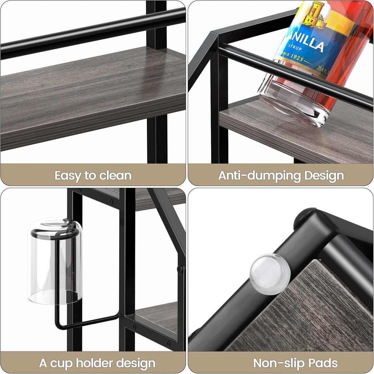 Coffee Syrup Rack Organizer, Spice Racks, Syrup Bottle Holder Stand for Coffee Bar, 3-Tier 12 Bottles Storage Shelves for Syrup, Wine, Dressing for Kitchen Countertop, Rustic Brown & Black